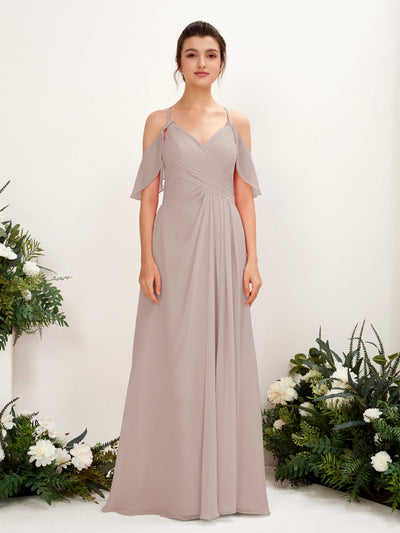 Carlyna Orlane A-Line Taupe Bridesmaid Dress Maxi Sleeveless V-Neck Dress Front View #color_taupe