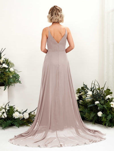 Carlyna Mana A-Line Taupe Bridesmaid Dress Maxi Sleeveless V-Neck Dress Back View #color_taupe