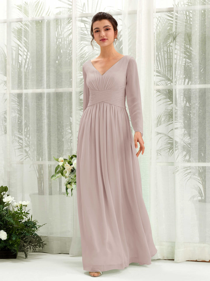 Taupe Bridesmaid Dresses Bridesmaid Dress A-line Chiffon V-neck Full Length Long Sleeves Wedding Party Dress (81220324)