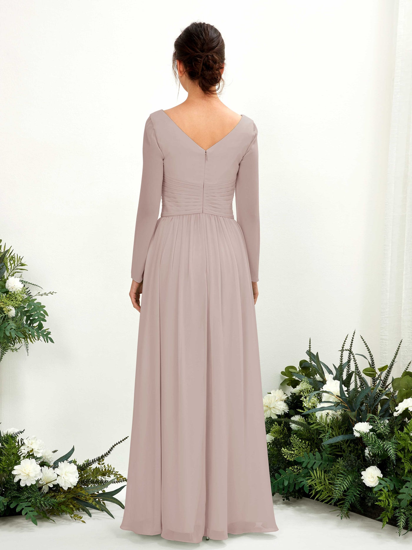 Taupe Bridesmaid Dresses Bridesmaid Dress A-line Chiffon V-neck Full Length Long Sleeves Wedding Party Dress (81220324)#color_taupe