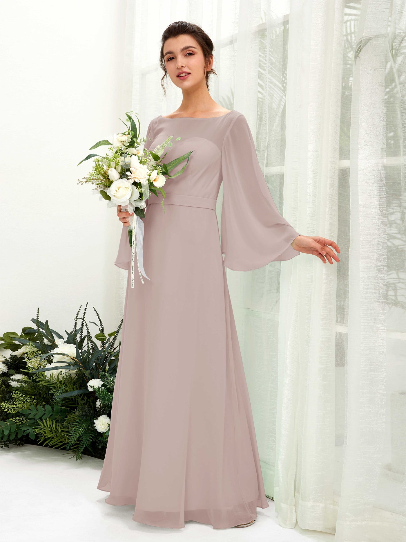 Taupe Bridesmaid Dresses Bridesmaid Dress A-line Chiffon Bateau Full Length Long Sleeves Wedding Party Dress (81220524)#color_taupe