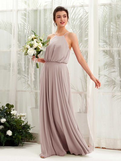 Carlyna Alva A-Line Taupe Bridesmaid Dress Maxi Sleeveless Halter Dress Front View #color_taupe