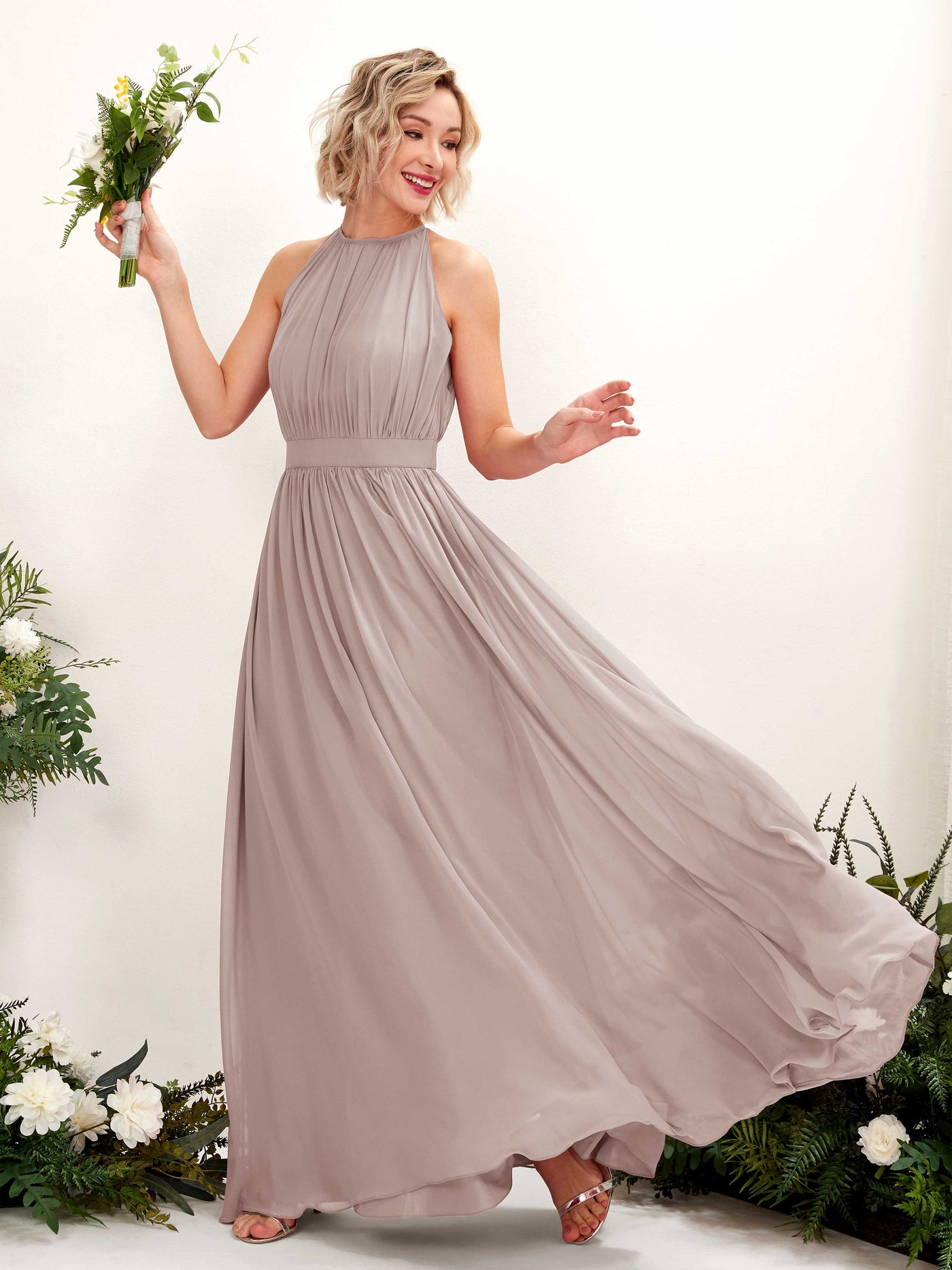 Taupe Bridesmaid Dresses Bridesmaid Dress A-line Chiffon Halter Full Length Sleeveless Wedding Party Dress (81223124)#color_taupe