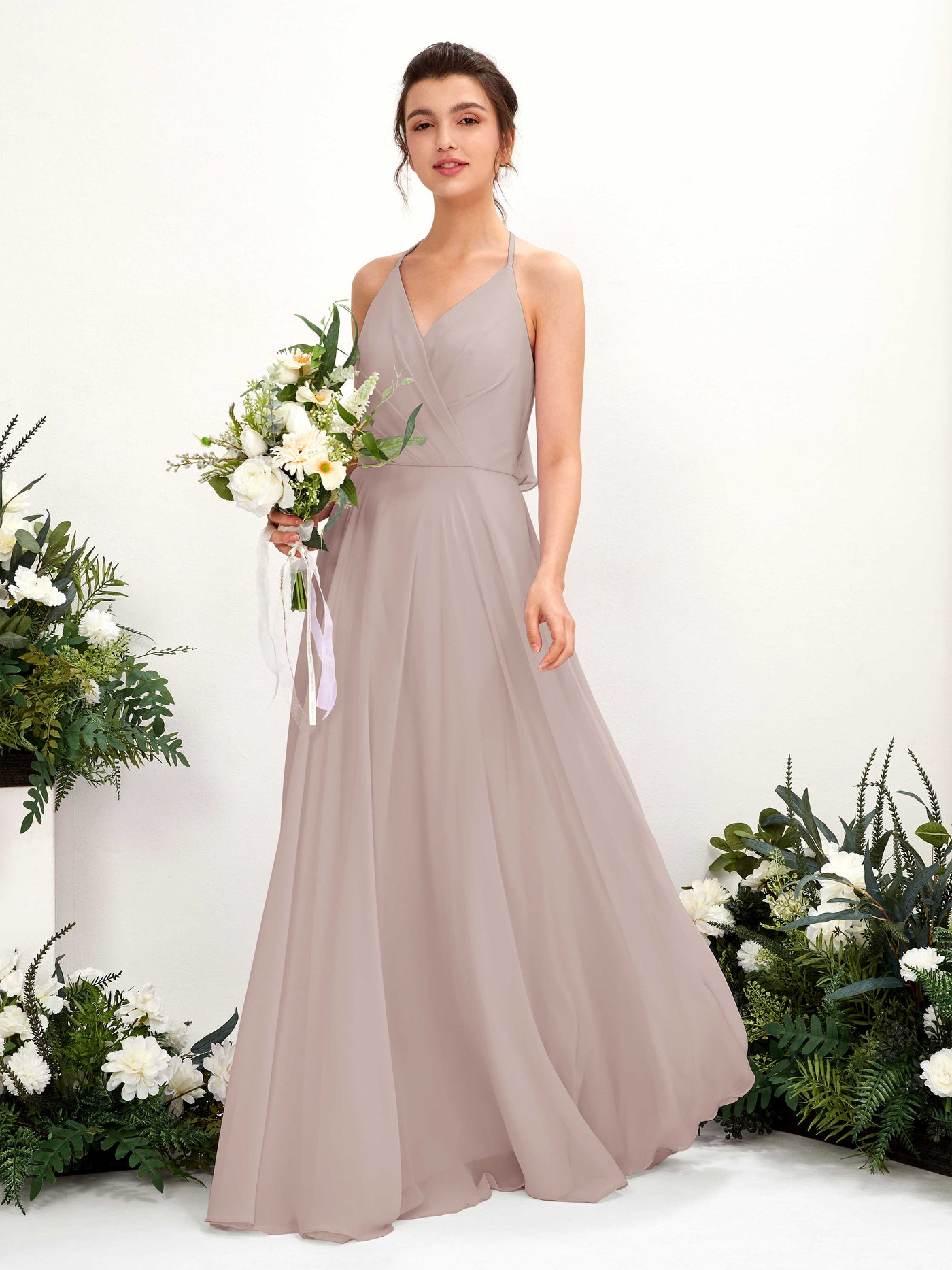 Halter V-neck Sleeveless Chiffon Bridesmaid Dress - Taupe (81221024)#color_taupe