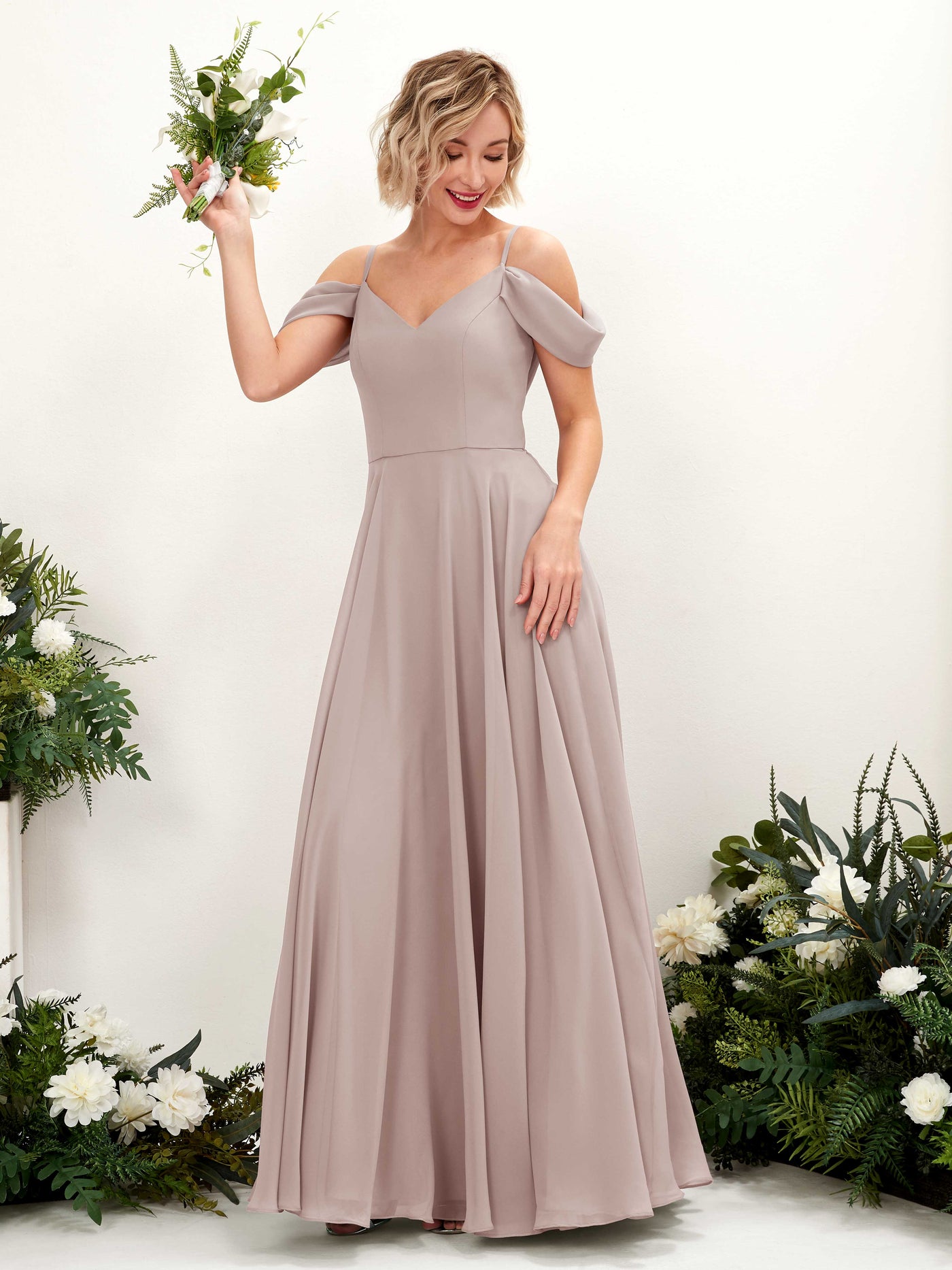 Taupe Bridesmaid Dresses Bridesmaid Dress A-line Chiffon Off Shoulder Full Length Sleeveless Wedding Party Dress (81224924)#color_taupe