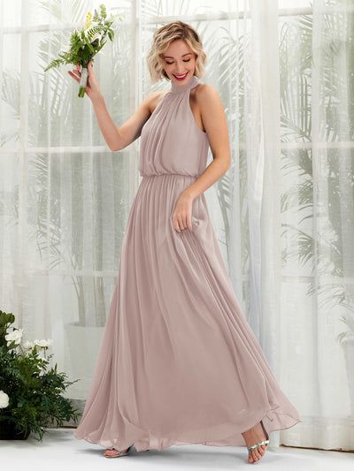 Carlyna Bess A-Line Taupe Bridesmaid Dress Maxi Sleeveless Halter Dress Front View #color_taupe