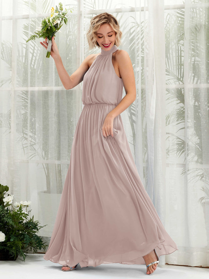 Taupe Bridesmaid Dresses Bridesmaid Dress A-line Chiffon Halter Full Length Sleeveless Wedding Party Dress (81222924)