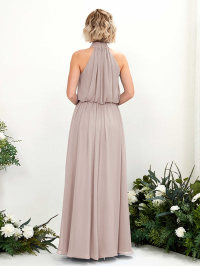 Carlyna Bess A-Line Taupe Bridesmaid Dress Maxi Sleeveless Halter Dress Back View #color_taupe