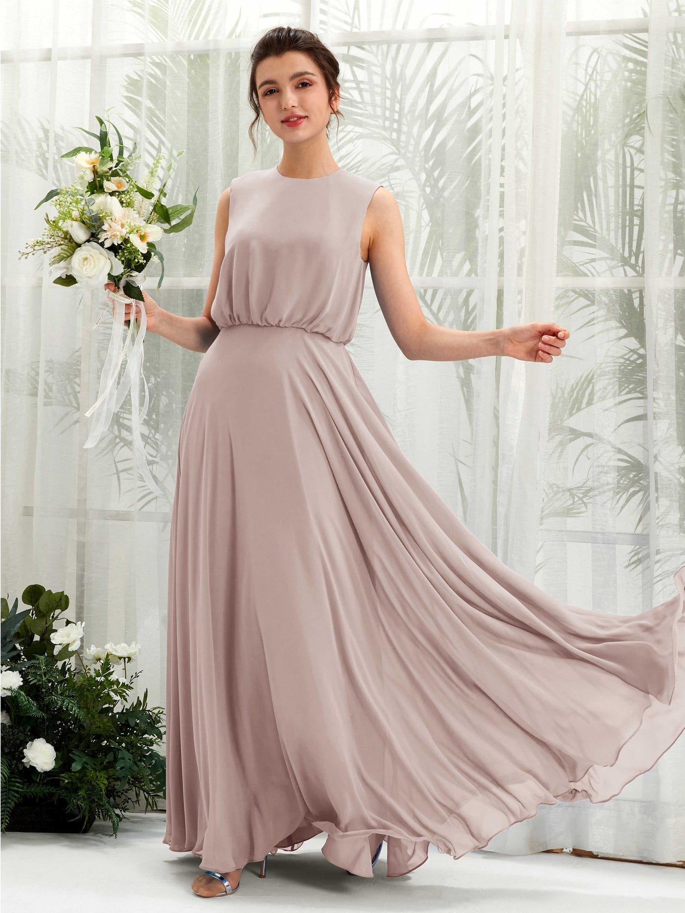 Taupe Bridesmaid Dresses Bridesmaid Dress A-line Chiffon Round Full Length Sleeveless Wedding Party Dress (81222824)#color_taupe