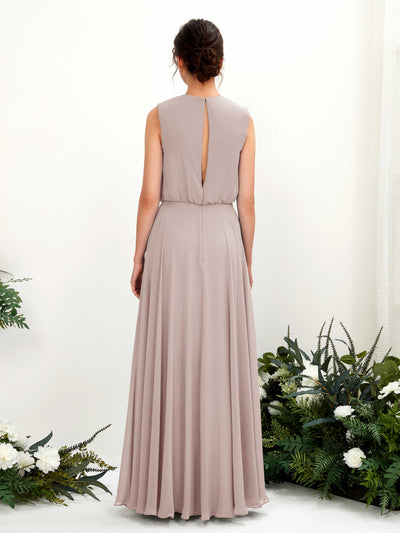 Carlyna Alma A-Line Taupe Bridesmaid Dress Maxi Sleeveless Round Neck Dress Back View #color_taupe