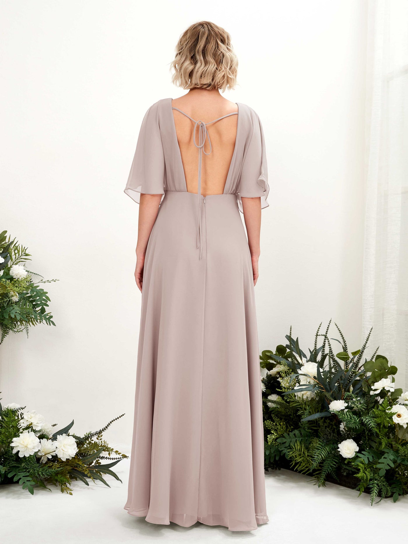 Taupe Bridesmaid Dresses Bridesmaid Dress A-line Chiffon V-neck Full Length Short Sleeves Wedding Party Dress (81225124)#color_taupe