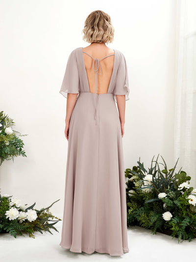 Carlyna Dhea A-Line Taupe Bridesmaid Dress Maxi Short Sleeve V-Neck Dress Back View #color_taupe