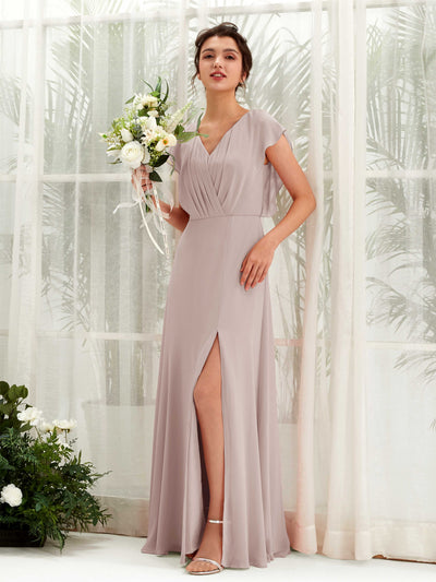 Carlyna Annie A-Line Taupe Bridesmaid Dress Maxi Cap Sleeve V-Neck Dress Front View #color_taupe