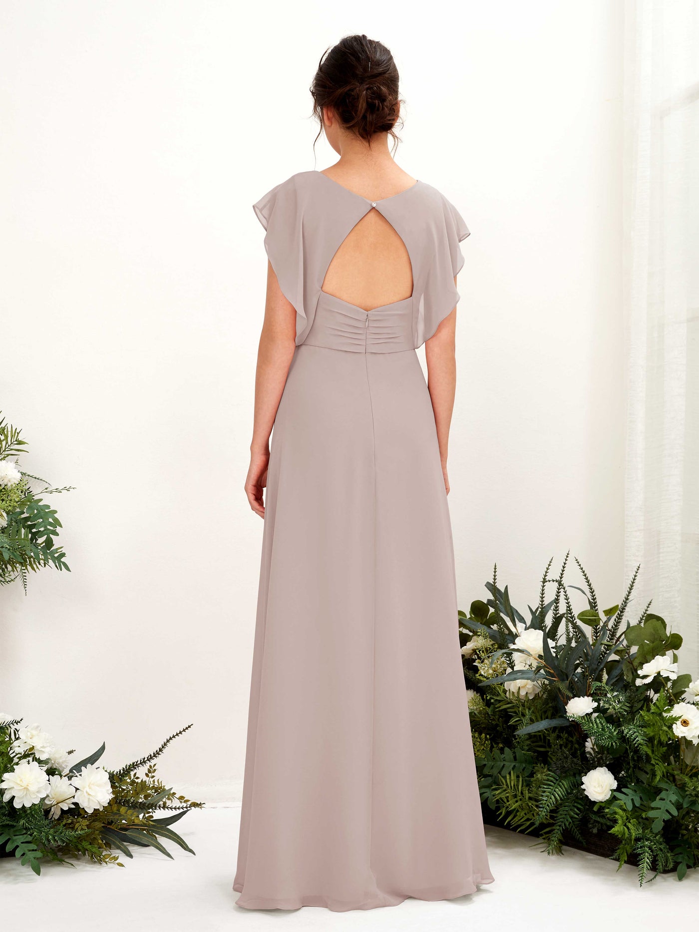 Taupe Bridesmaid Dresses Bridesmaid Dress A-line Chiffon V-neck Full Length Short Sleeves Wedding Party Dress (81225624)#color_taupe