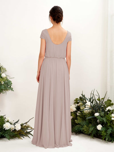 Carlyna Pauline A-Line Taupe Bridesmaid Dress Maxi Cap Sleeve V-Neck Dress Back View #color_taupe
