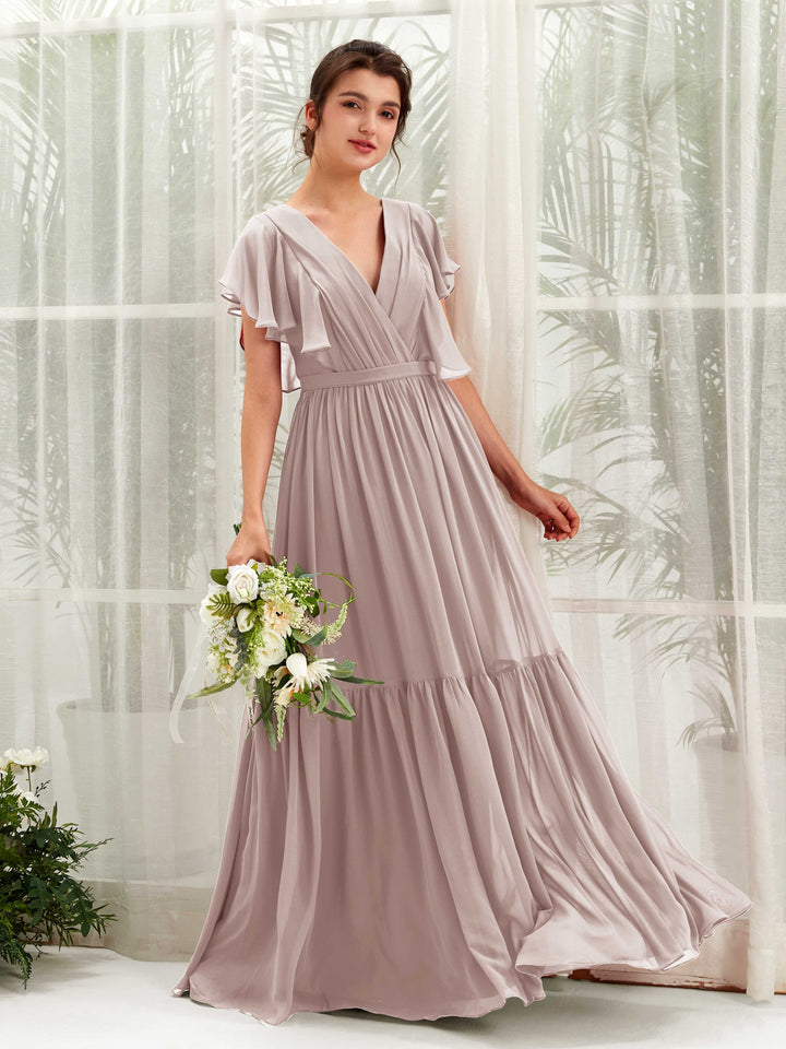 Taupe Bridesmaid Dresses Bridesmaid Dress A-line Chiffon V-neck Full Length Short Sleeves Wedding Party Dress (81225924)