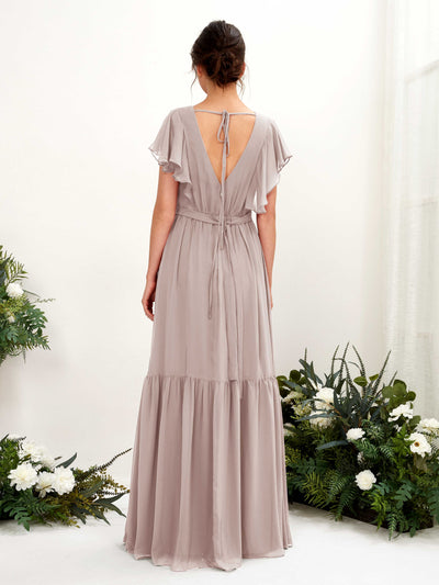 Carlyna Chaya A-Line Taupe Bridesmaid Dress Maxi Cap Sleeve V-Neck Dress Back View #color_taupe