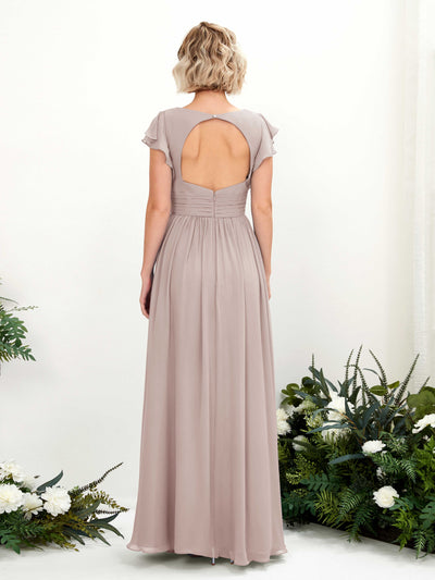 Carlyna Grino A-Line Taupe Bridesmaid Dress Maxi Cap Sleeve V-Neck Dress Back View #color_taupe