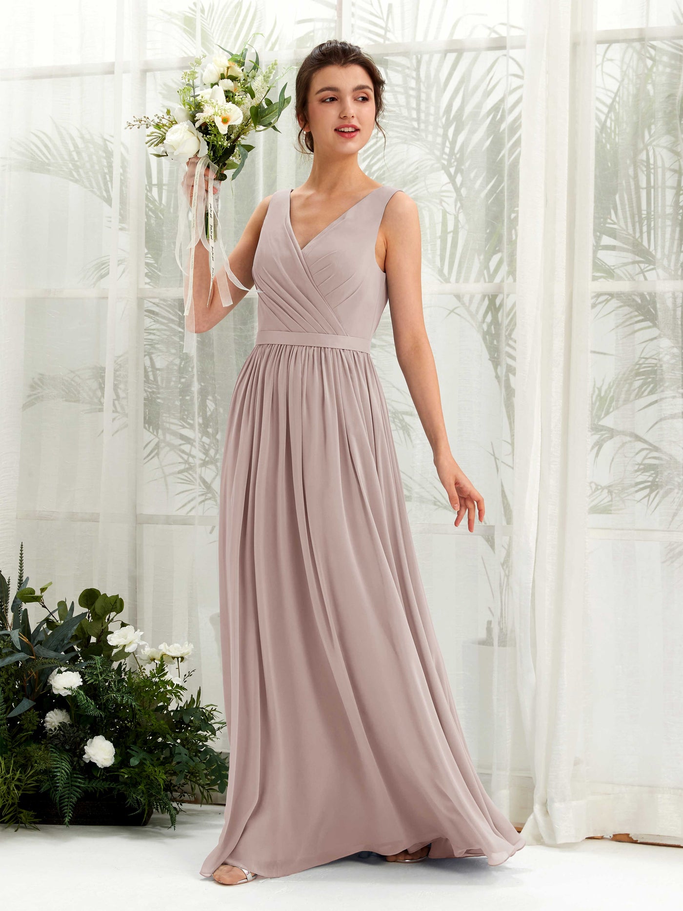 Taupe Bridesmaid Dresses Bridesmaid Dress A-line Chiffon V-neck Full Length Sleeveless Wedding Party Dress (81223624)#color_taupe
