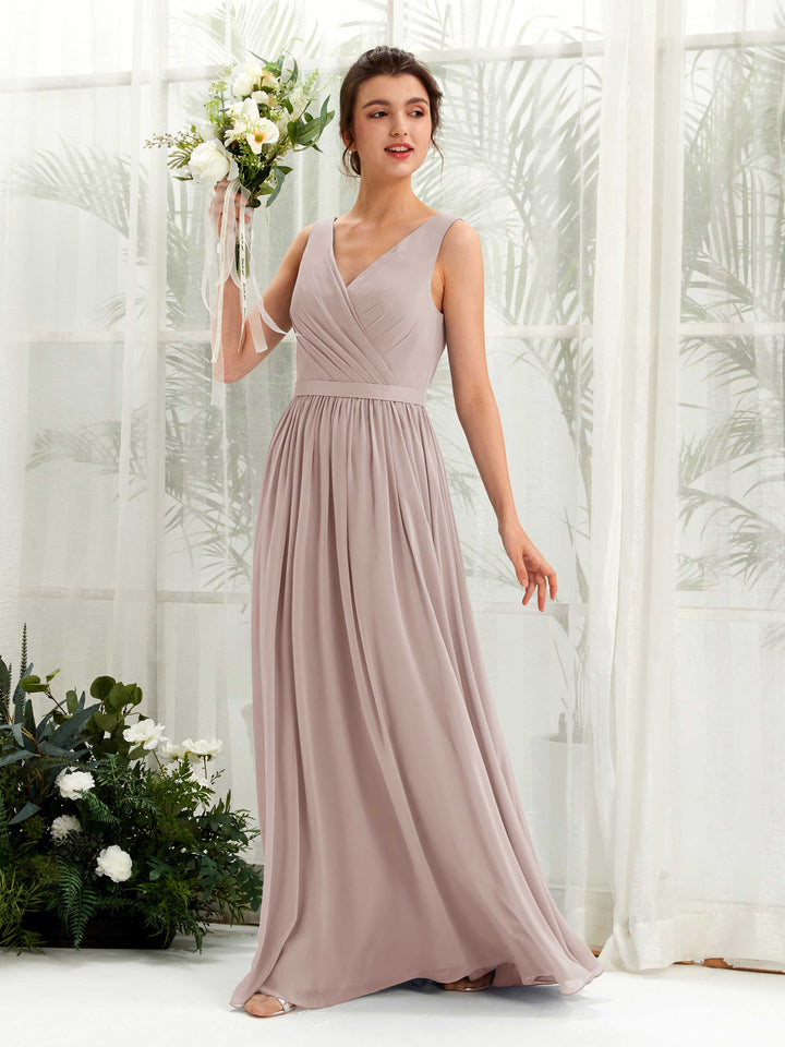 Taupe Bridesmaid Dresses Bridesmaid Dress A-line Chiffon V-neck Full Length Sleeveless Wedding Party Dress (81223624)
