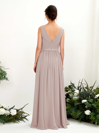 Carlyna Barbara A-Line Taupe Bridesmaid Dress Maxi Sleeveless V-Neck Dress Back View #color_taupe