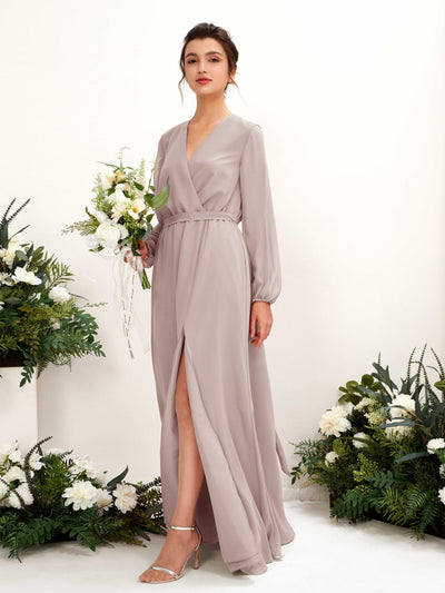 Carlyna Elsie A-Line Taupe Bridesmaid Dress Maxi Long Sleeve V-Neck Front View #color_taupe