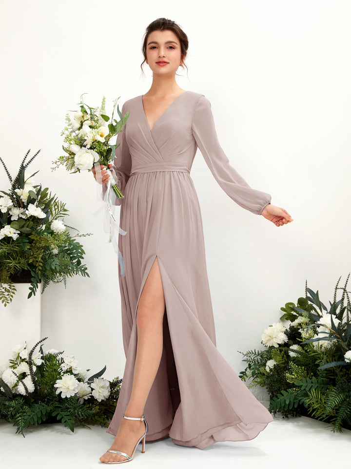 Taupe Bridesmaid Dresses Bridesmaid Dress A-line Chiffon V-neck Full Length Long Sleeves Wedding Party Dress (81223824)