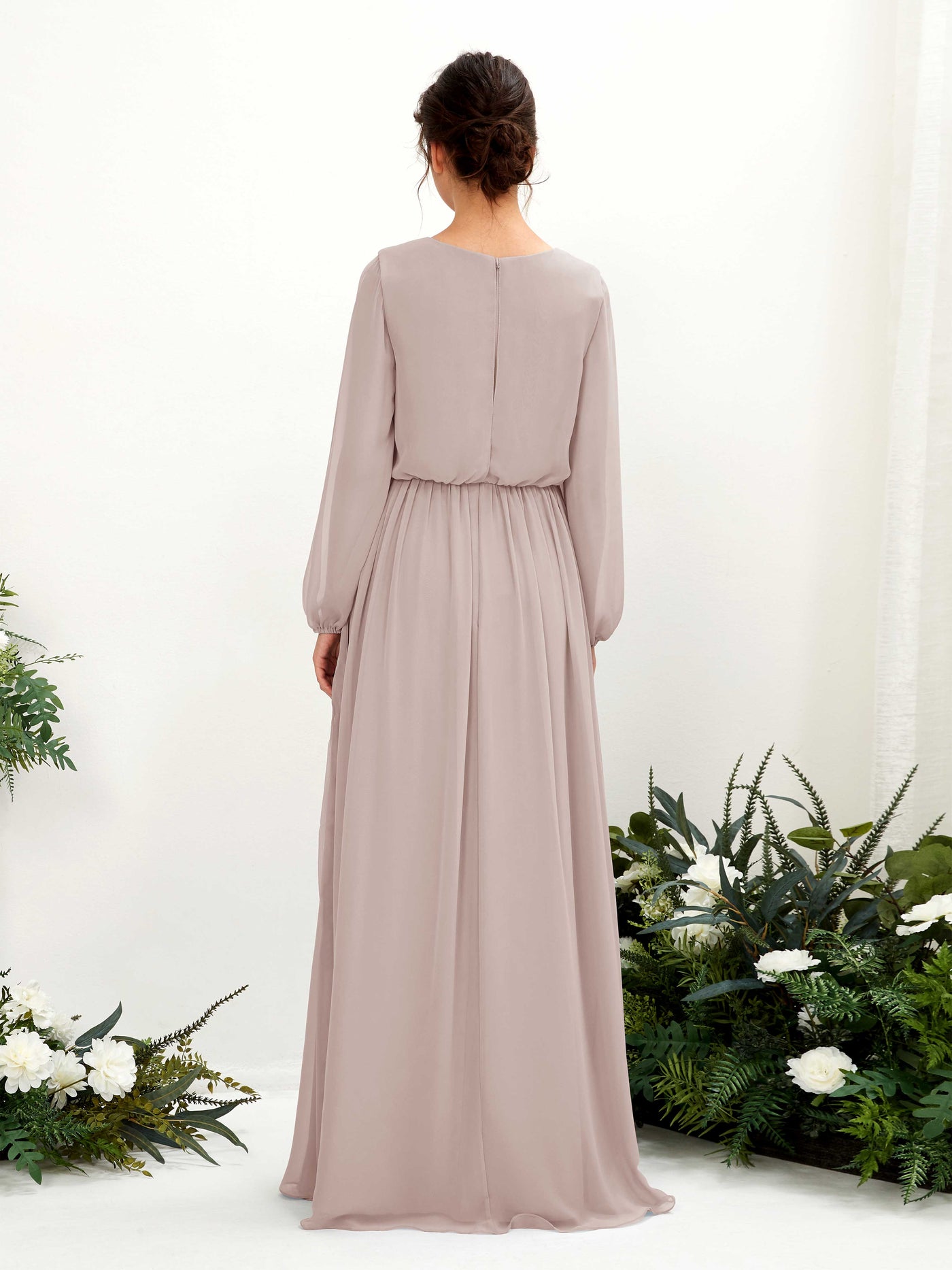 Taupe Bridesmaid Dresses Bridesmaid Dress A-line Chiffon V-neck Full Length Long Sleeves Wedding Party Dress (81223824)#color_taupe