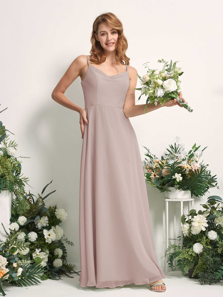 Bridesmaid Dress A-line Chiffon Spaghetti-straps Full Length Sleeveless Wedding Party Dress - Taupe (81227224)
