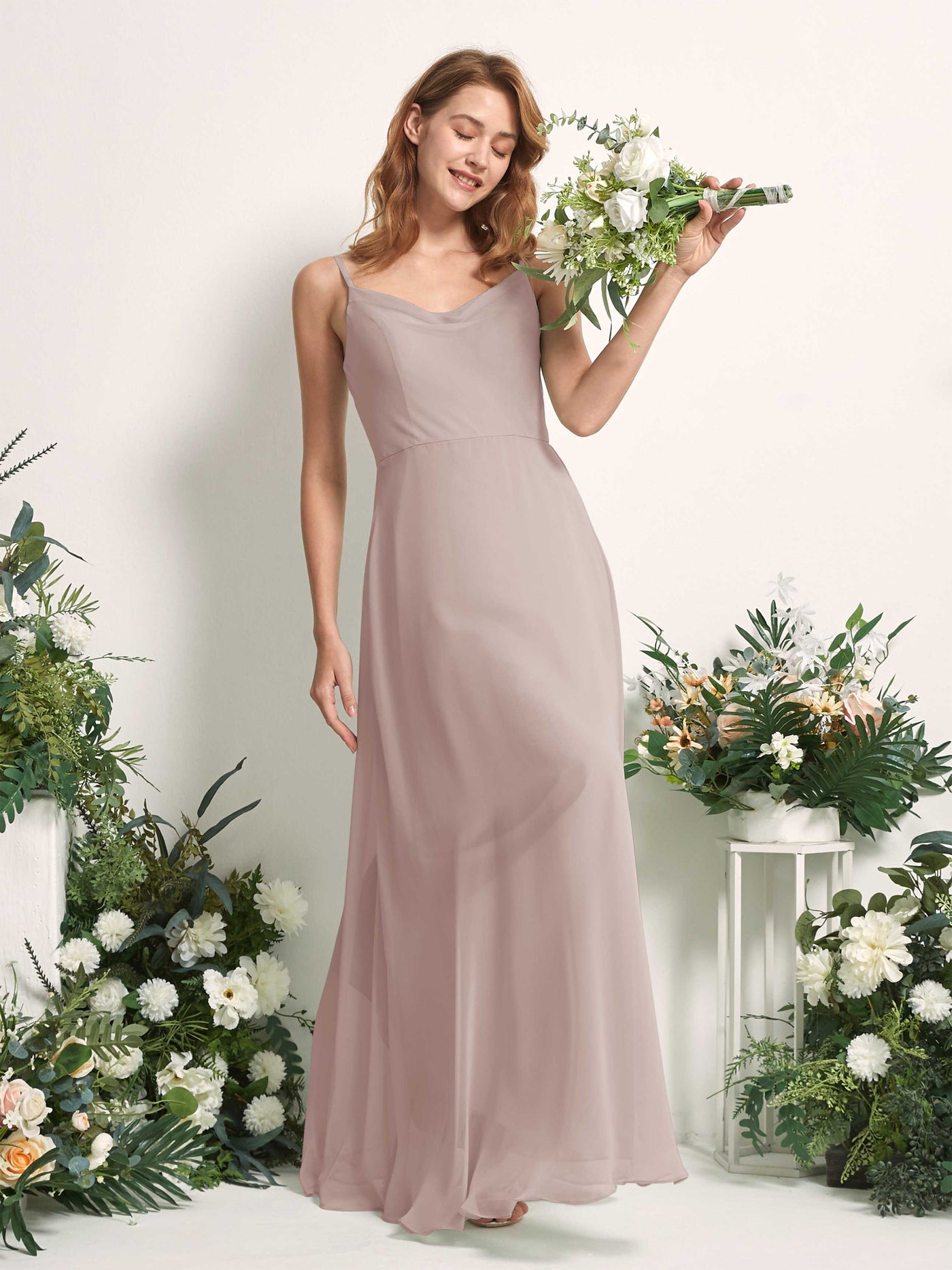 Bridesmaid Dress A-line Chiffon Spaghetti-straps Full Length Sleeveless Wedding Party Dress - Taupe (81227224)#color_taupe