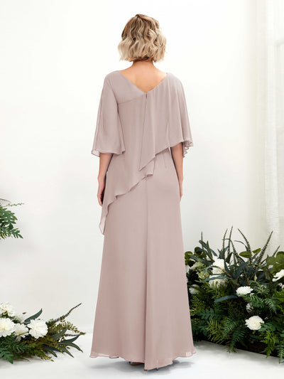 Carlyna Violaine A-Line Taupe Bridesmaid Dress Maxi Three Quarter Sleeve V-Neck Dress Back View #color_taupe