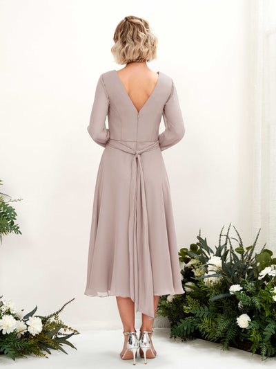 Carlyna Joanna A-Line Taupe Bridesmaid Dress Midi Long Sleeve V-Neck Back View #color_taupe