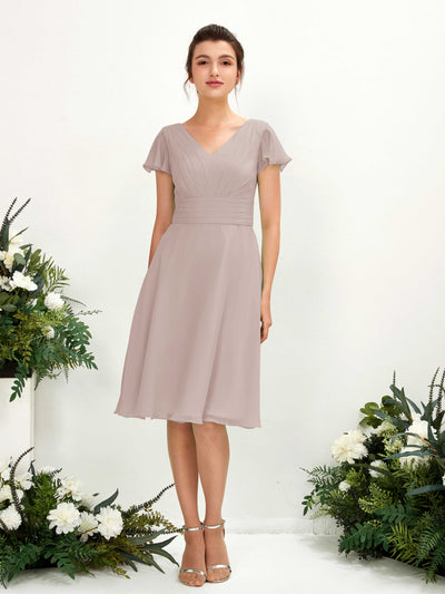 Carlyna Betty A-Line Taupe Bridesmaid Dress Knee-Length Short Sleeve V-Neck Dress Front View #color_taupe