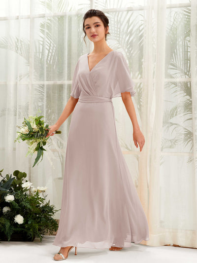 Carlyna Merta A-Line Taupe Bridesmaid Dress Maxi Short Sleeve V-Neck Dress Front View #color_taupe