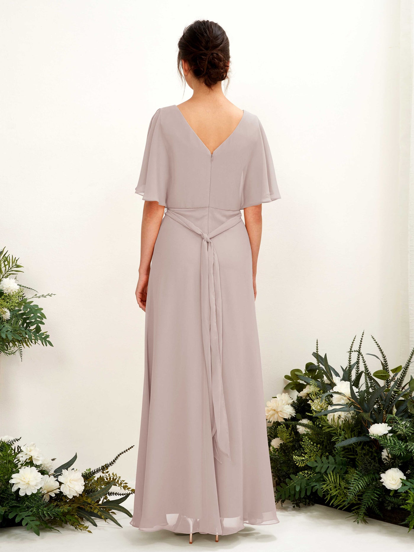 Taupe Bridesmaid Dresses Bridesmaid Dress A-line Chiffon V-neck Full Length Short Sleeves Wedding Party Dress (81222424)#color_taupe