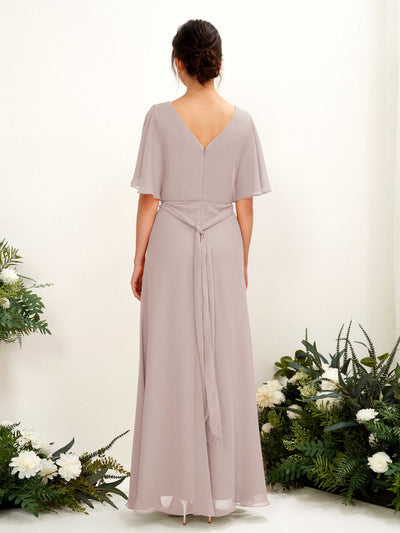 Carlyna Merta A-Line Taupe Bridesmaid Dress Maxi Short Sleeve V-Neck Dress Back View #color_taupe