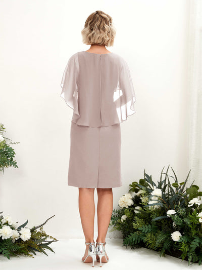 Carlyna Tey Sheath Taupe Bridesmaid Dress Knee-Length Cap Sleeve V-Neck Dress Back View #color_taupe