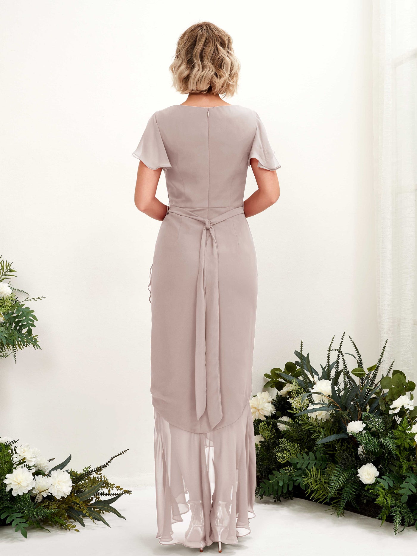 V-neck Short Sleeves Chiffon Bridesmaid Dress - Taupe (81226224)#color_taupe