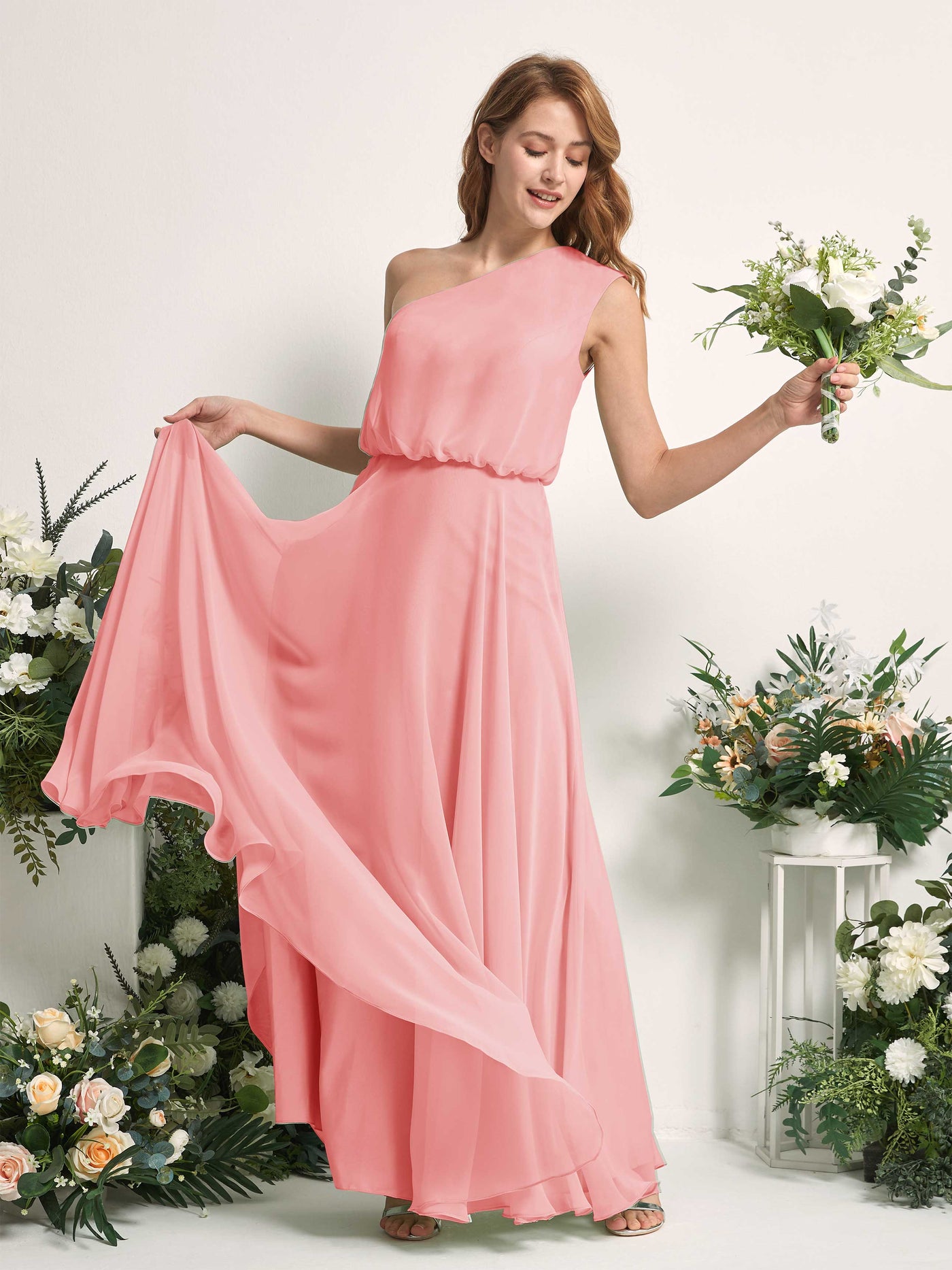 Bridesmaid Dress A-line Chiffon One Shoulder Full Length Sleeveless Wedding Party Dress - Ballet Pink (81226840)#color_ballet-pink