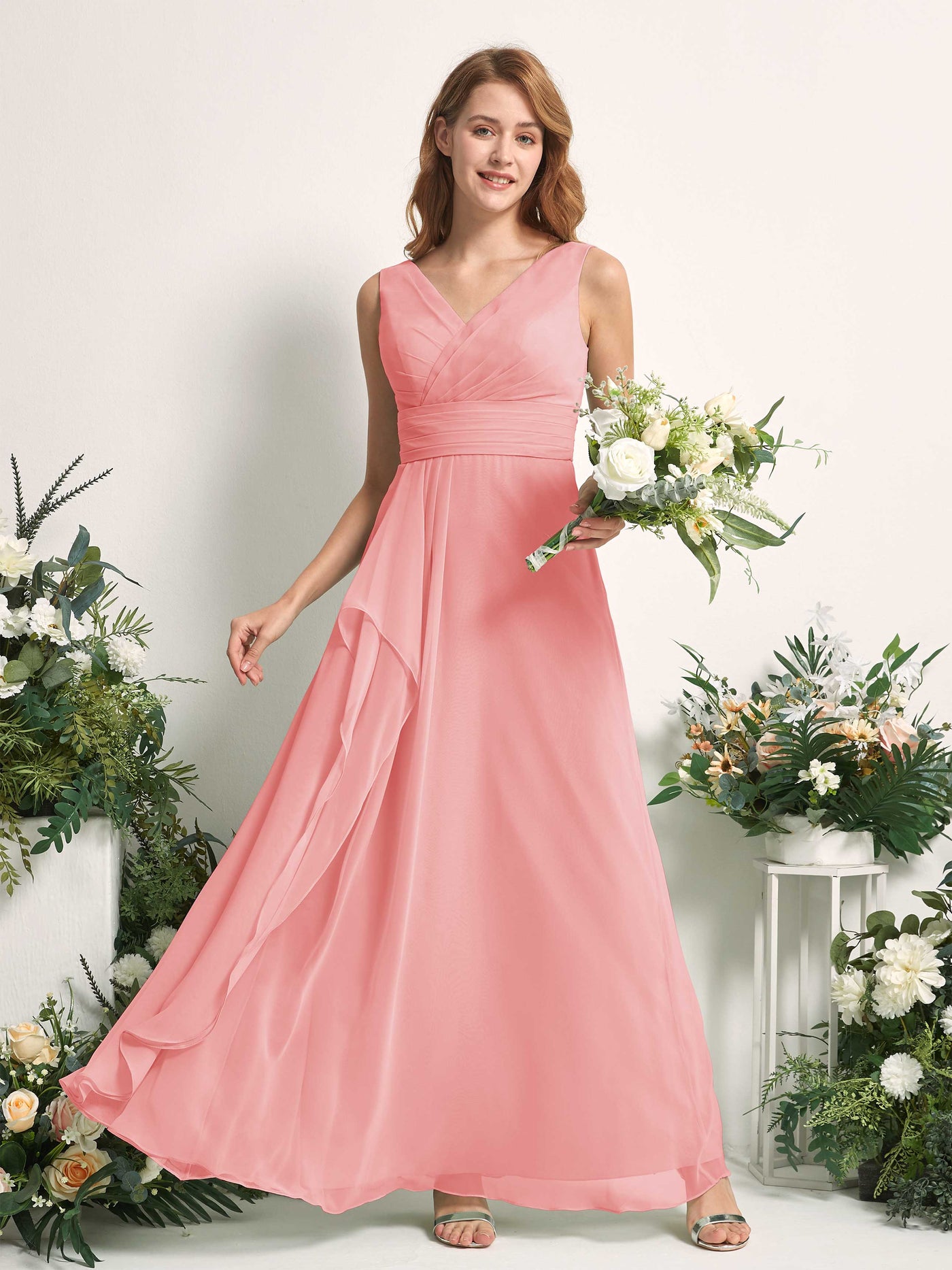 Bridesmaid Dress A-line Chiffon V-neck Full Length Sleeveless Wedding Party Dress - Ballet Pink (81227140)#color_ballet-pink