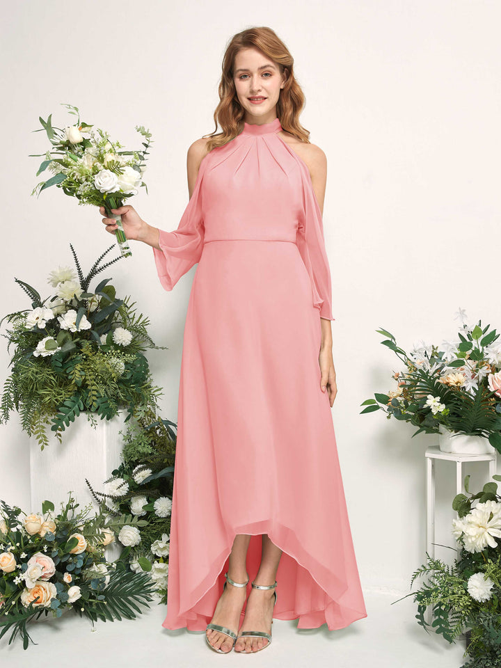 Bridesmaid Dress A-line Chiffon Halter High Low 3/4 Sleeves Wedding Party Dress - Ballet Pink (81227640)