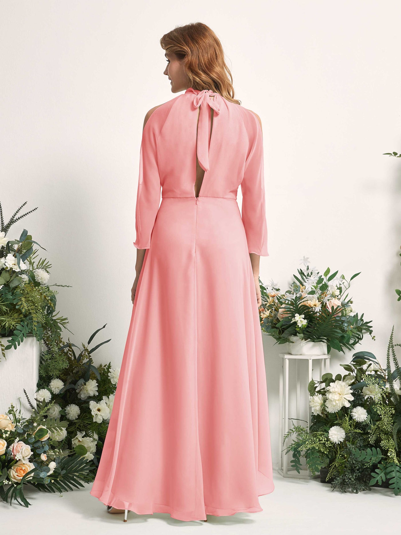 Bridesmaid Dress A-line Chiffon Halter High Low 3/4 Sleeves Wedding Party Dress - Ballet Pink (81227640)#color_ballet-pink