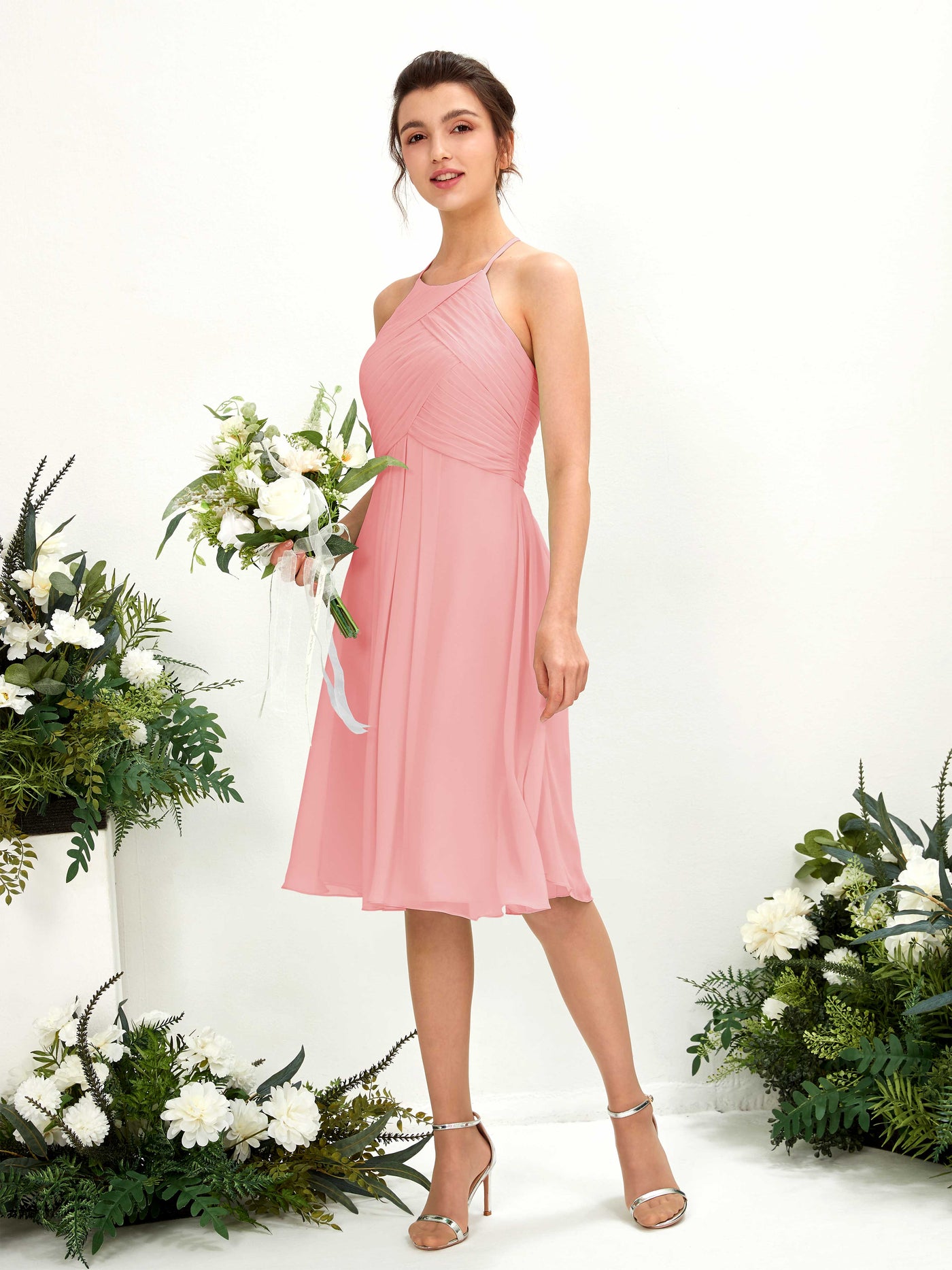 Ballet Pink Bridesmaid Dresses Bridesmaid Dress A-line Chiffon Halter Knee Length Sleeveless Wedding Party Dress (81220440)#color_ballet-pink