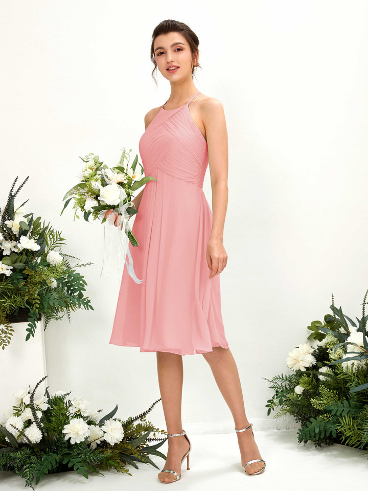 Ballet Pink Bridesmaid Dresses Bridesmaid Dress A-line Chiffon Halter Knee Length Sleeveless Wedding Party Dress (81220440)
