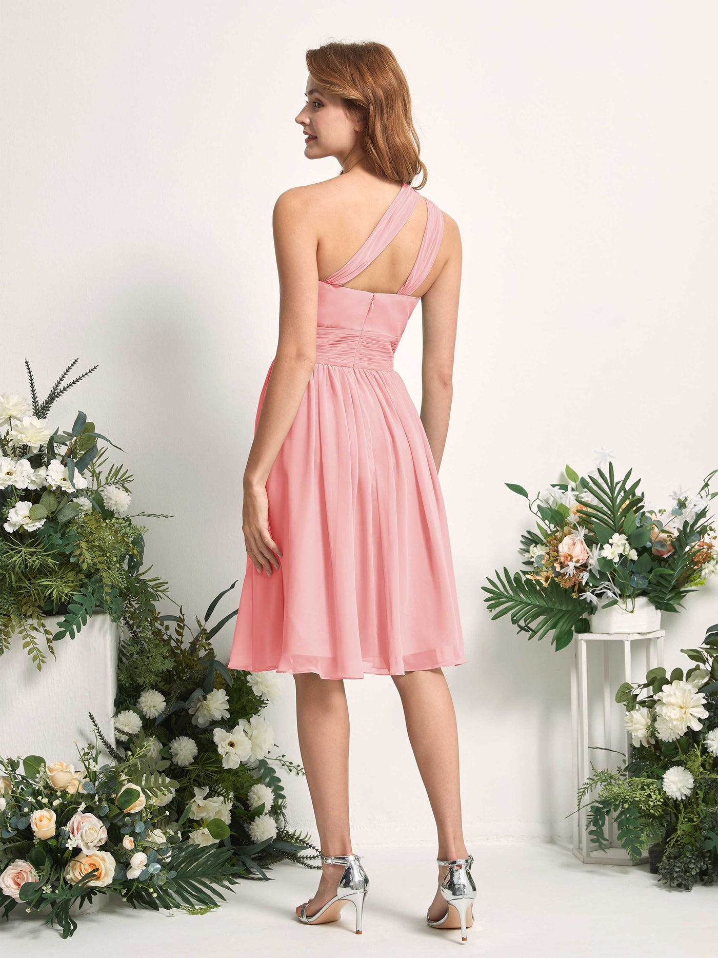 Bridesmaid Dress A-line Chiffon One Shoulder Knee Length Sleeveless Wedding Party Dress - Ballet Pink (81221240)#color_ballet-pink