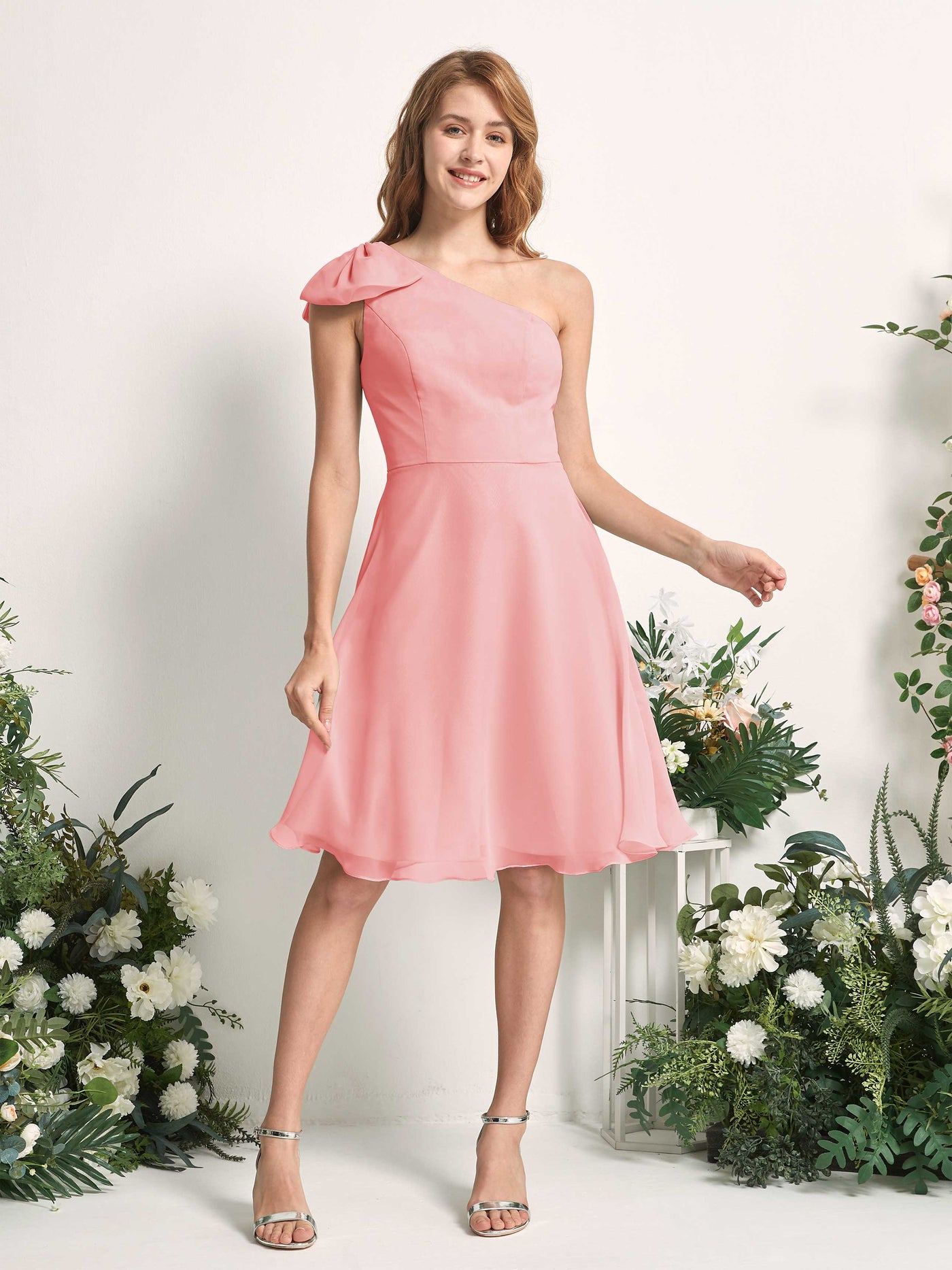 Bridesmaid Dress A-line Chiffon One Shoulder Knee Length Sleeveless Wedding Party Dress - Ballet Pink (81227040)#color_ballet-pink