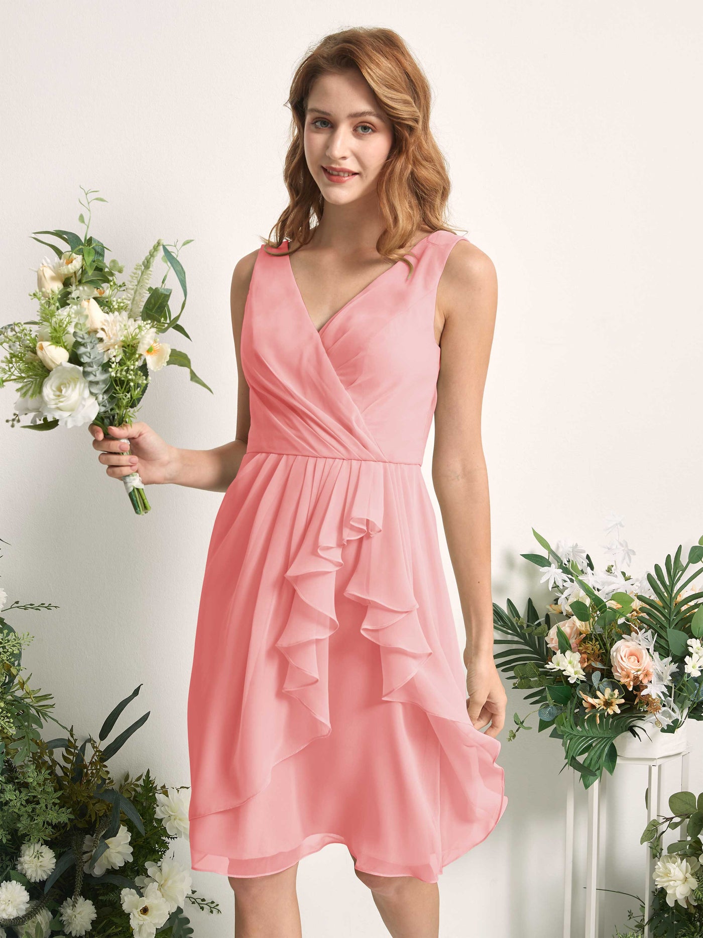 Bridesmaid Dress A-line Chiffon Straps Knee Length Sleeveless Wedding Party Dress - Ballet Pink (81226640)#color_ballet-pink