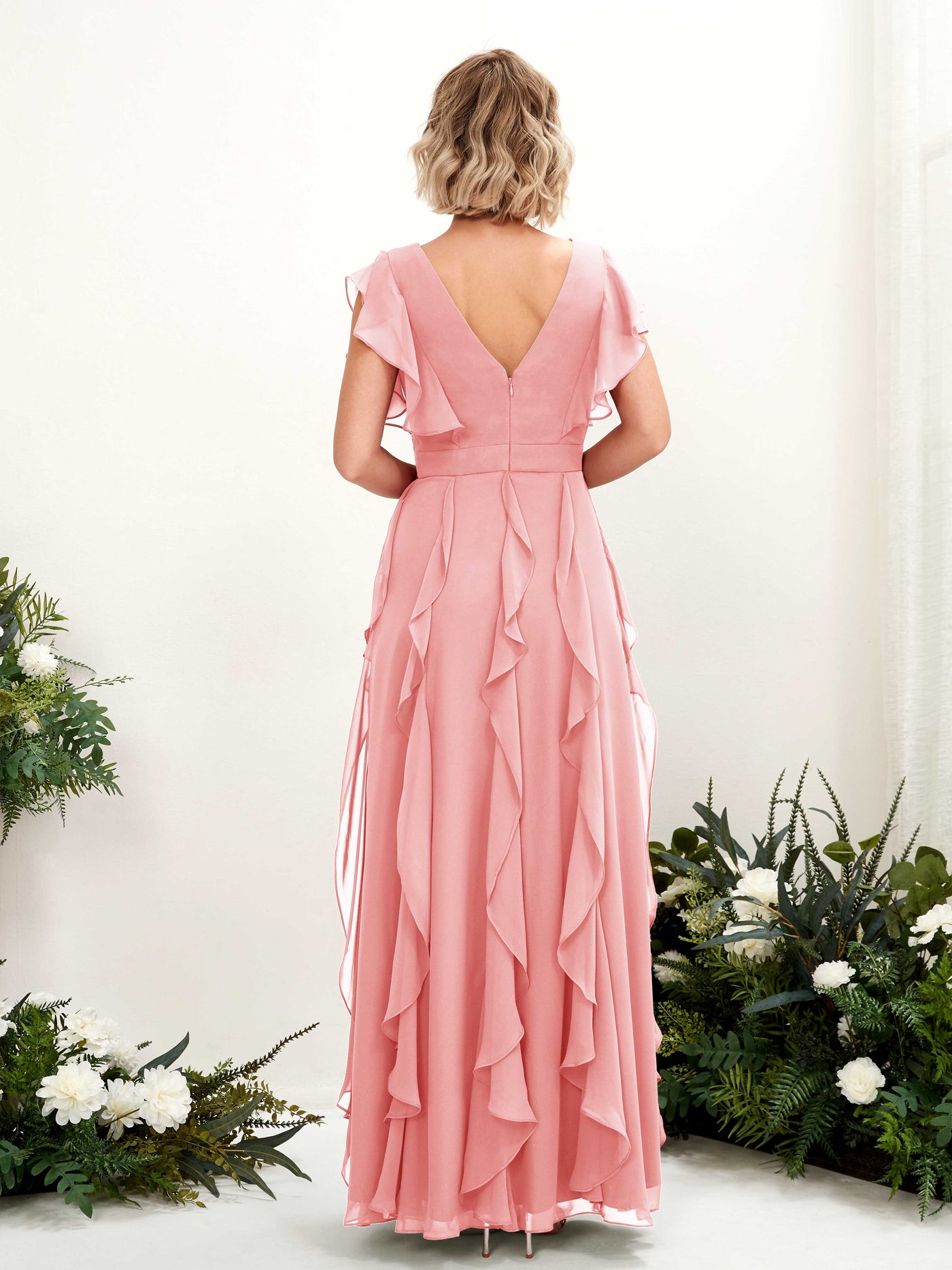 A-line Open back V-neck Short Sleeves Chiffon Bridesmaid Dress - Ballet Pink (81226040)#color_ballet-pink