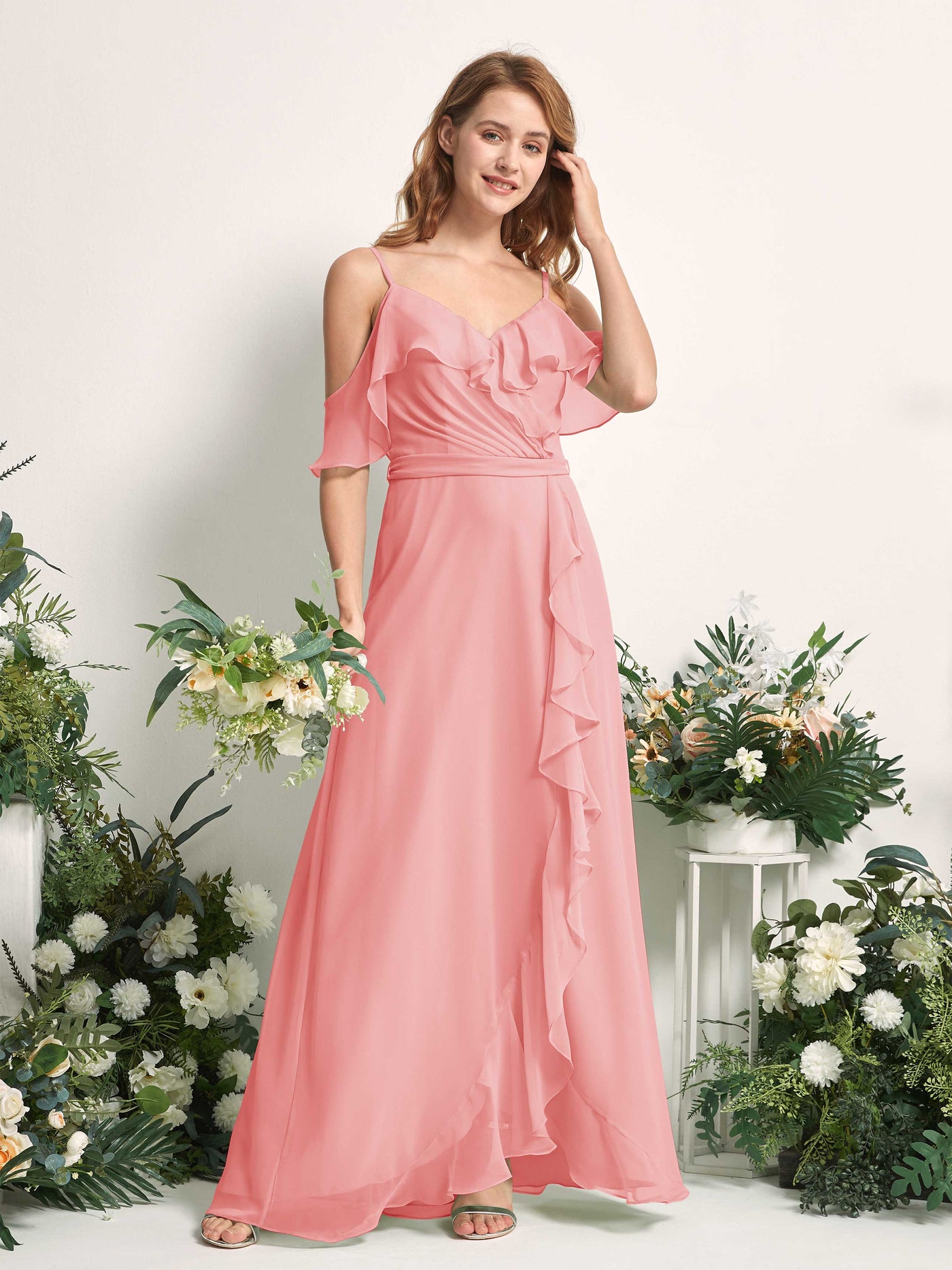 Bridesmaid Dress A-line Chiffon Spaghetti-straps Full Length Sleeveless Wedding Party Dress - Ballet Pink (81227440)#color_ballet-pink