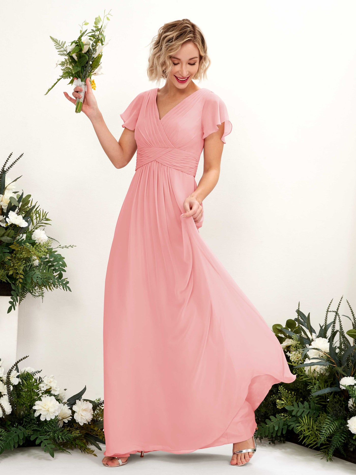 Ballet Pink Bridesmaid Dresses Bridesmaid Dress A-line Chiffon V-neck Full Length Short Sleeves Wedding Party Dress (81224340)#color_ballet-pink